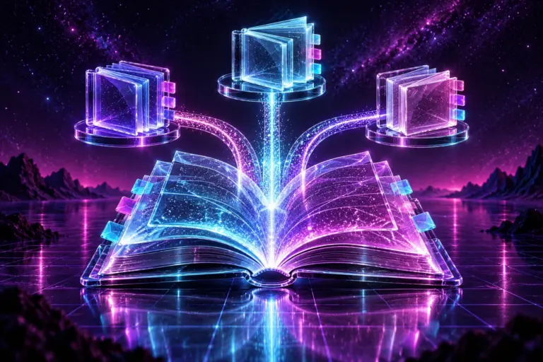 Раскрытая стеклянная книга с цветными закладками и расходящимися ветвями к небольшим книгам