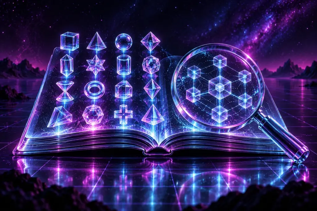 Раскрытая стеклянная книга с разноцветными геометрическими фигурами и большой лупой в неоновом пространстве