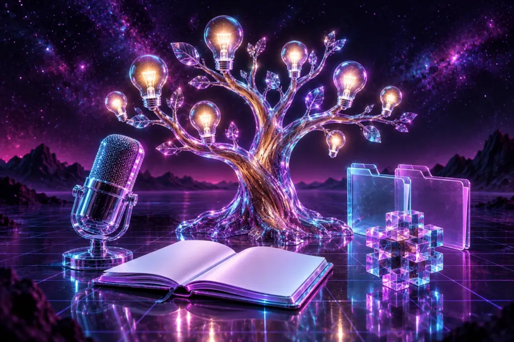 Ветвящееся прозрачное дерево с горящими лампочками, микрофон, раскрытая тетрадь с чистыми страницами, головоломка и две папки.